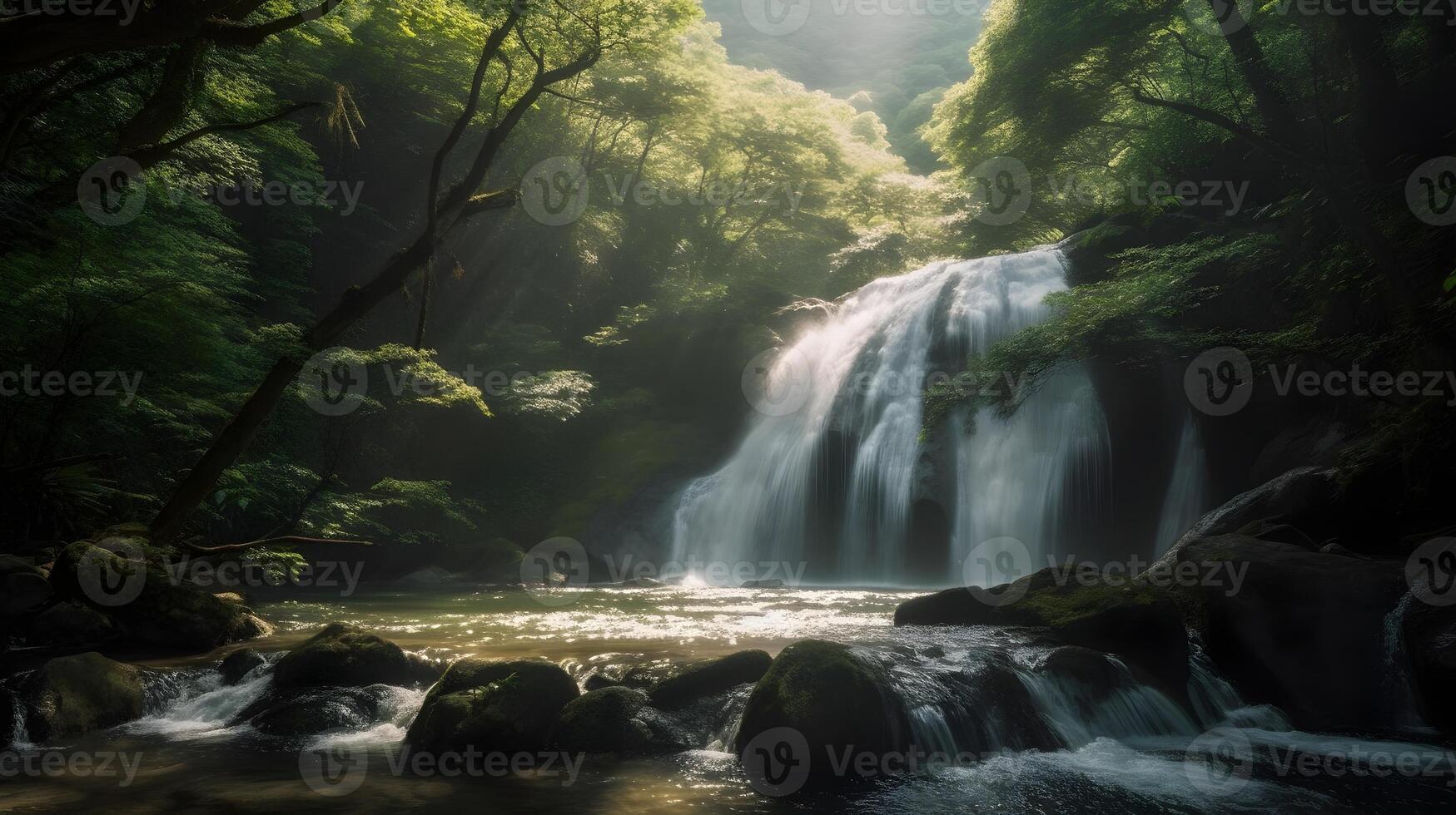 Landscape of beautiful misty waterfall hidden in the deep jungle and river flow shading between the tall tree at the nature. AI Generated photo