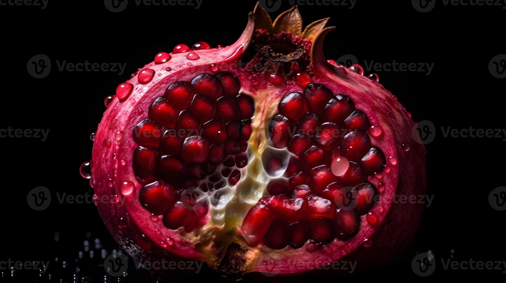 Sliced of red pomegranate or Punica granatum fruit with water drops isolated on black background. AI Generated photo