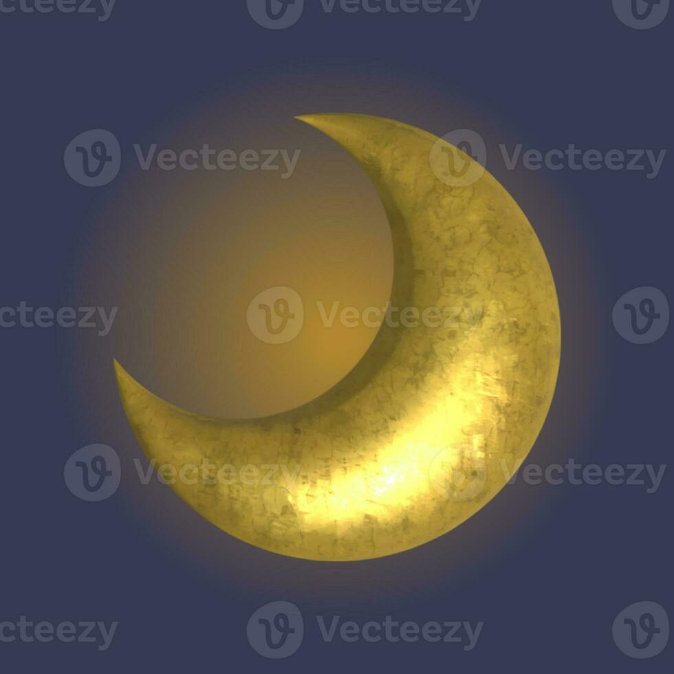 Gold 3d moon on blue background. Vector golden crescent photo