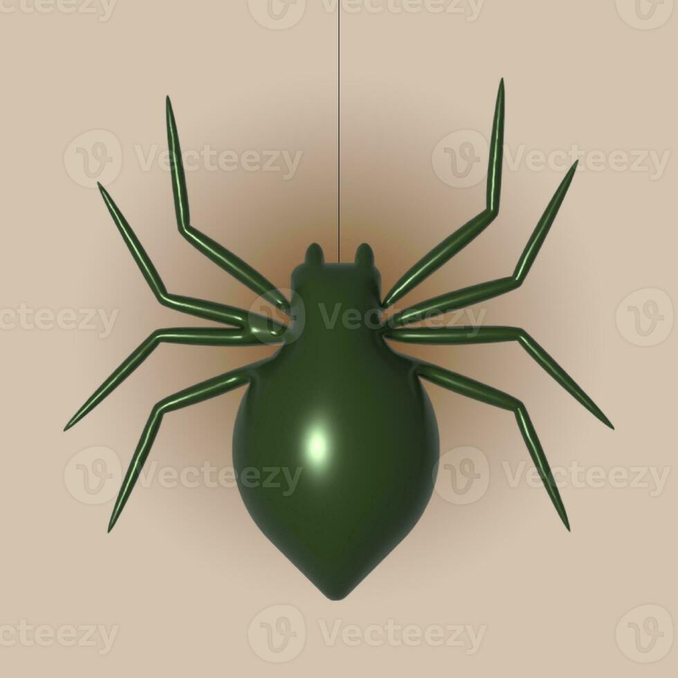 Spider 3d. Dark green bug spider silhouette, isolated white background. Scary Halloween icon, symbol horror, animal arachnid, creepy dangerous insect, arachnophobia fear. Vector illustration photo