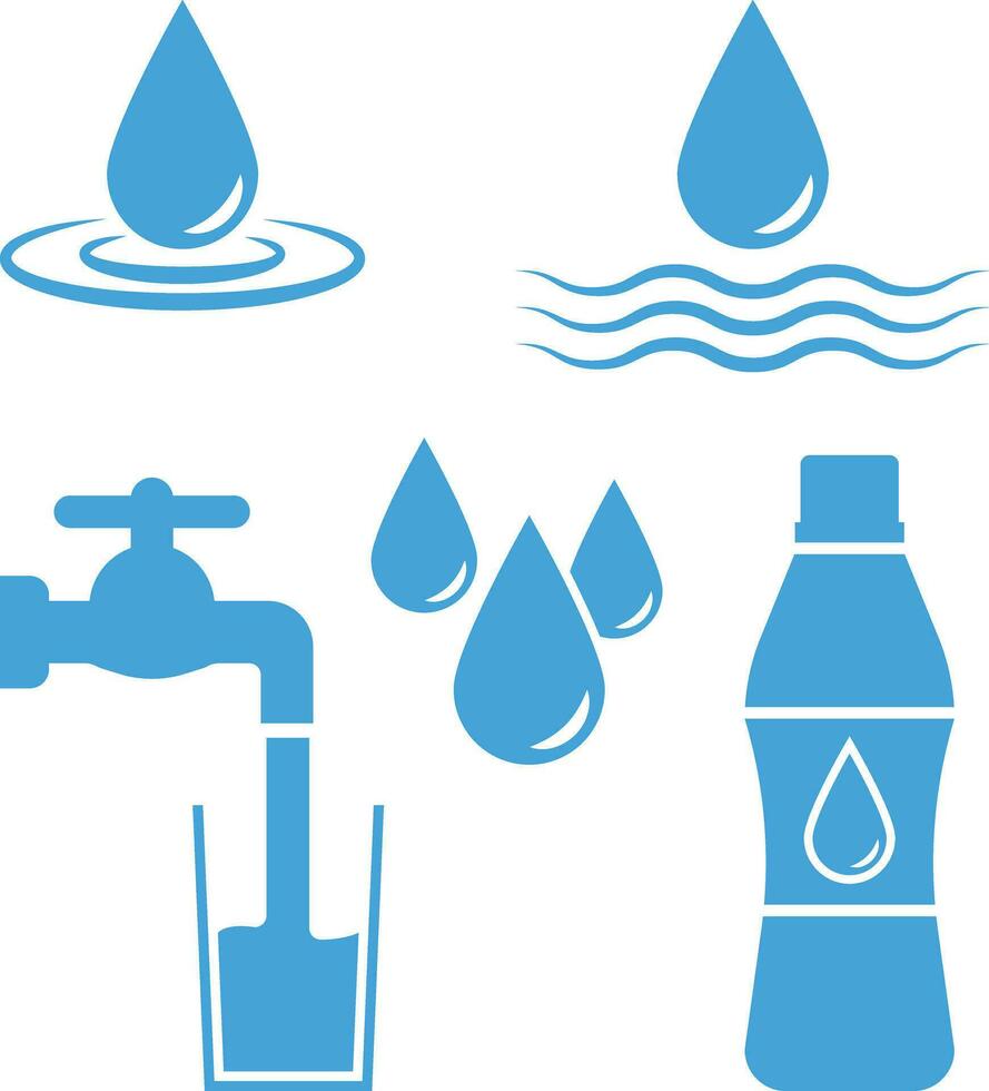 Water Drops, Tap and Drinking Water Bottle Icon Set vector