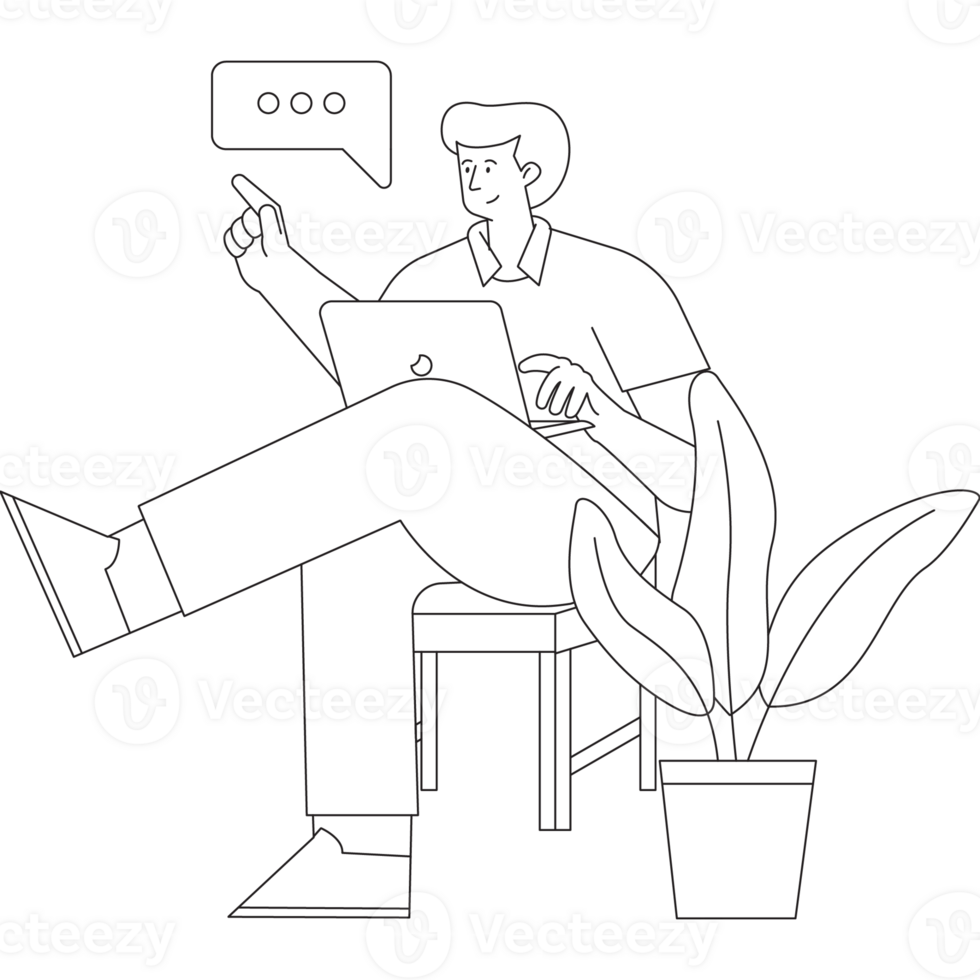 Man on Laptop People Communication Outline 2D Illustration png