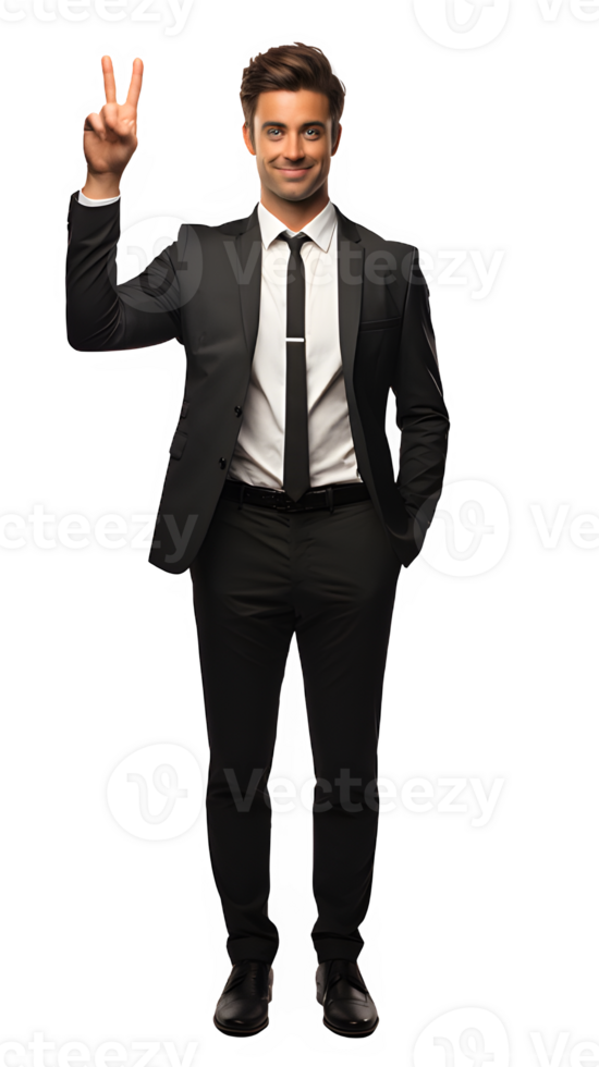 business man posing standing showing finger isolated on transparent background ,generative ai png