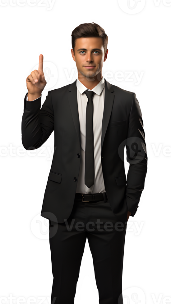 business man posing standing showing finger isolated on transparent background ,generative ai png