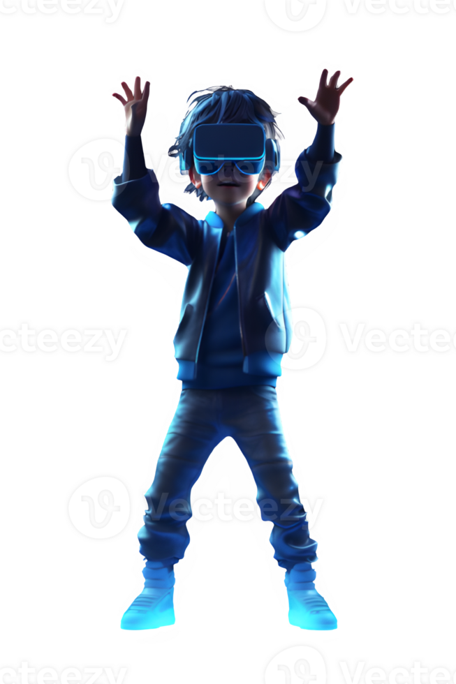 3d cartoon character of little boy wearing virtual game glasses