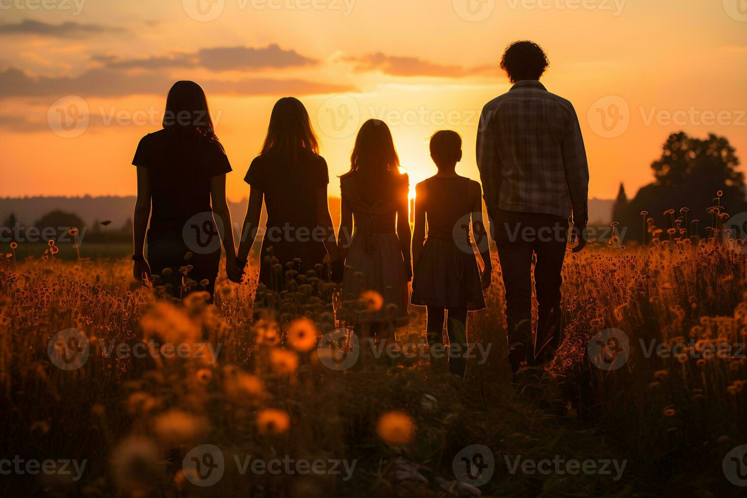 silhouette of friendship holding hands against the background of a meadow at sunset ,generative ai photo