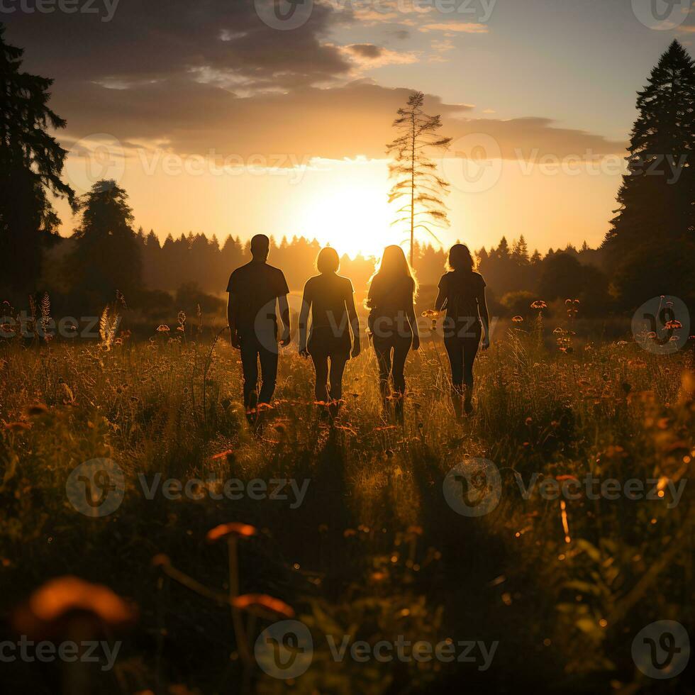 silueta de amistad participación manos en contra el antecedentes de un prado a puesta de sol ,generativo ai foto