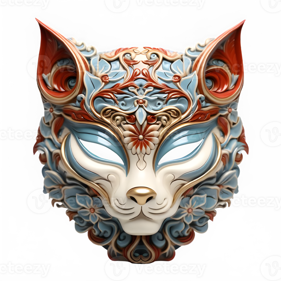 japanese cat mask isolated on transparent background ,kitsune mask cut out ,generative ai png