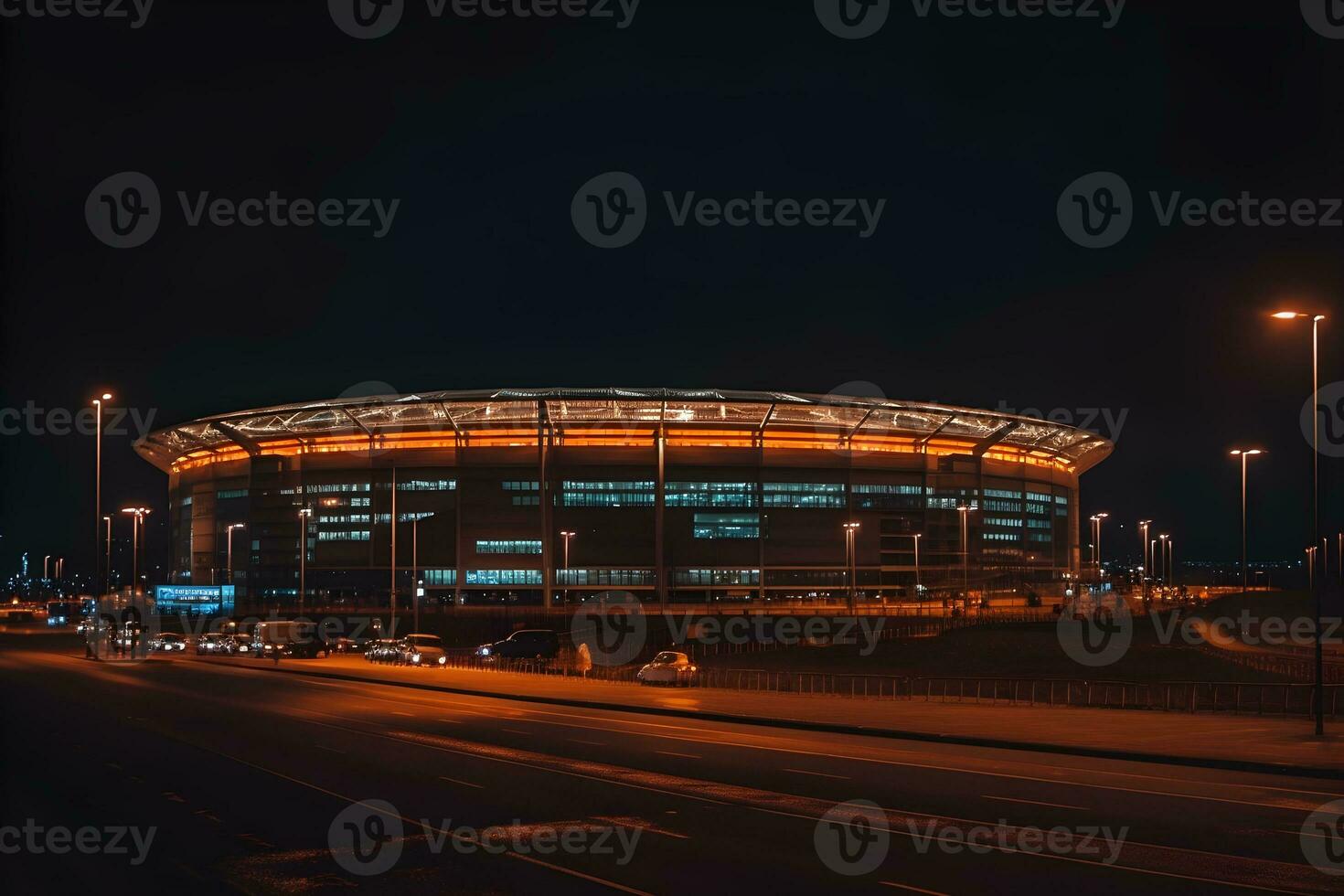 view of football stadium building at night ,soccer stadium at night ,generative ai photo