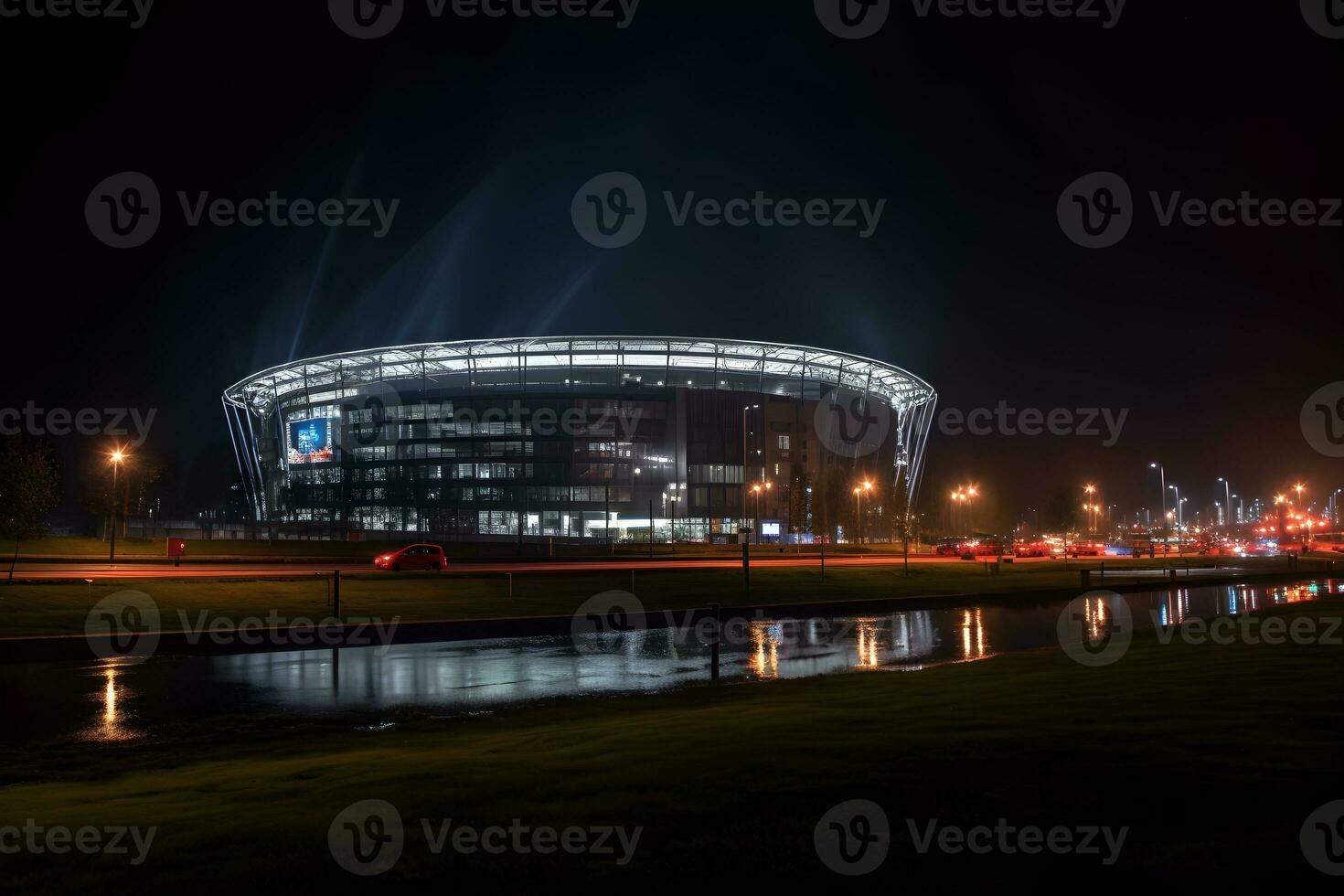 view of football stadium building at night ,soccer stadium at night ,generative ai photo