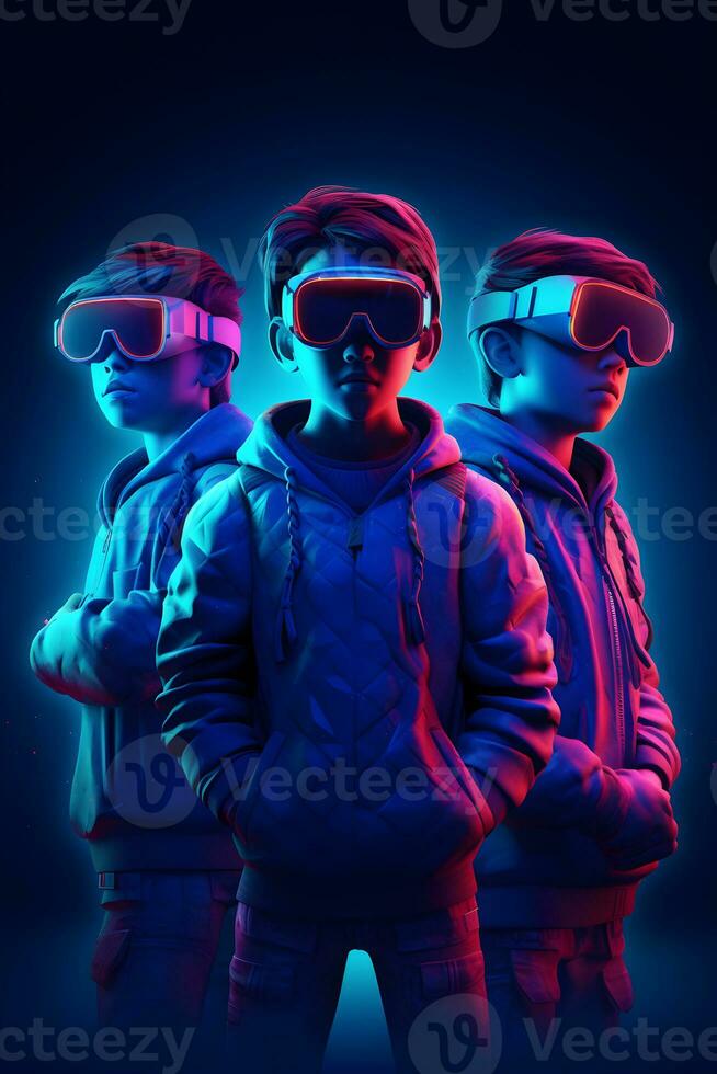 gamer wearing virtual reality glasses on futuristic blue neon background ,generative ai photo