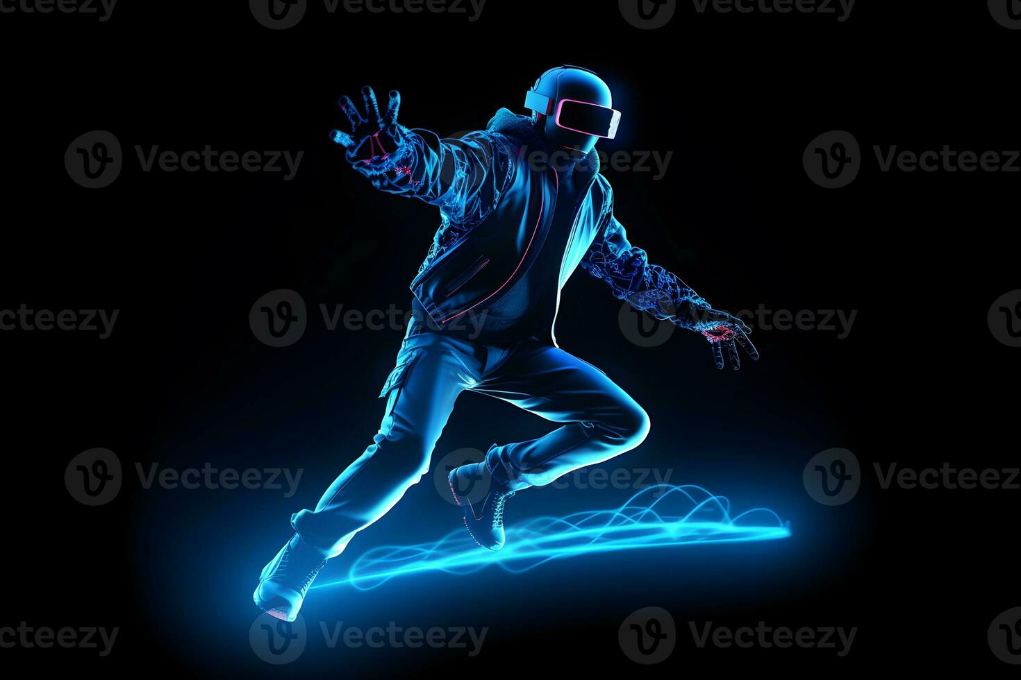 gamer man wearing virtual glasses on blue neon background ,generative ai photo