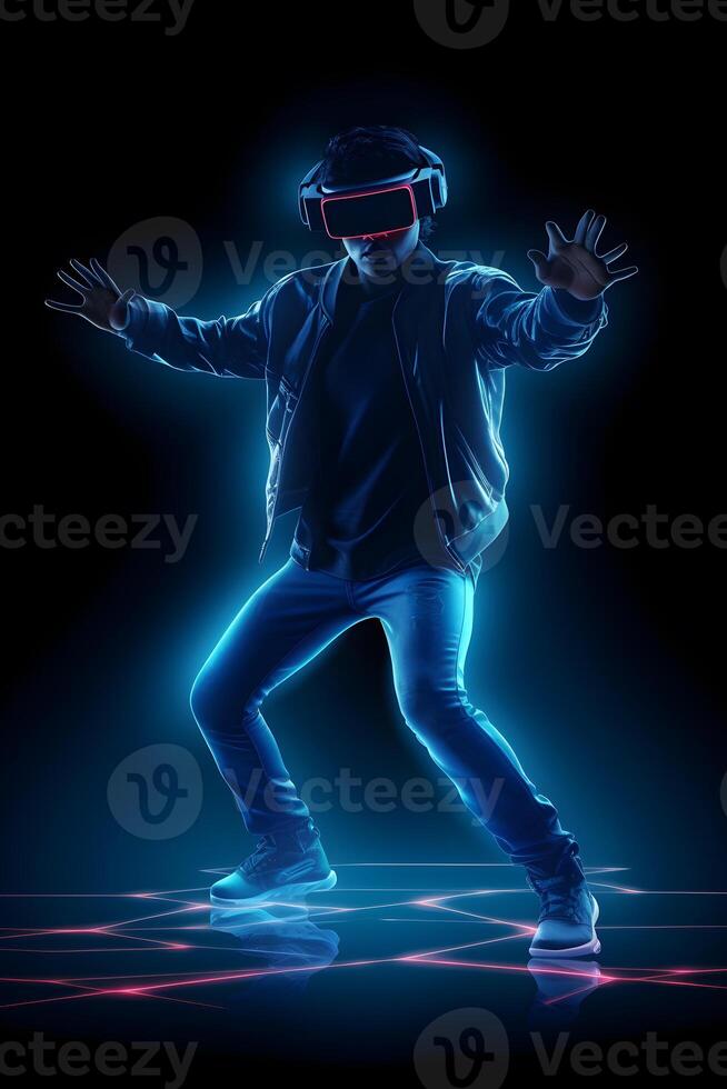 gamer man wearing virtual glasses on blue neon background ,generative ai photo