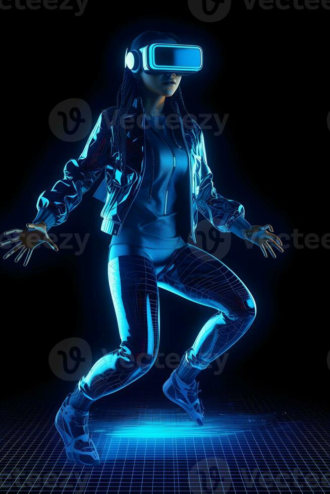 dancing gamer person wearing virtual glasses on blue neon background ,generative ai photo