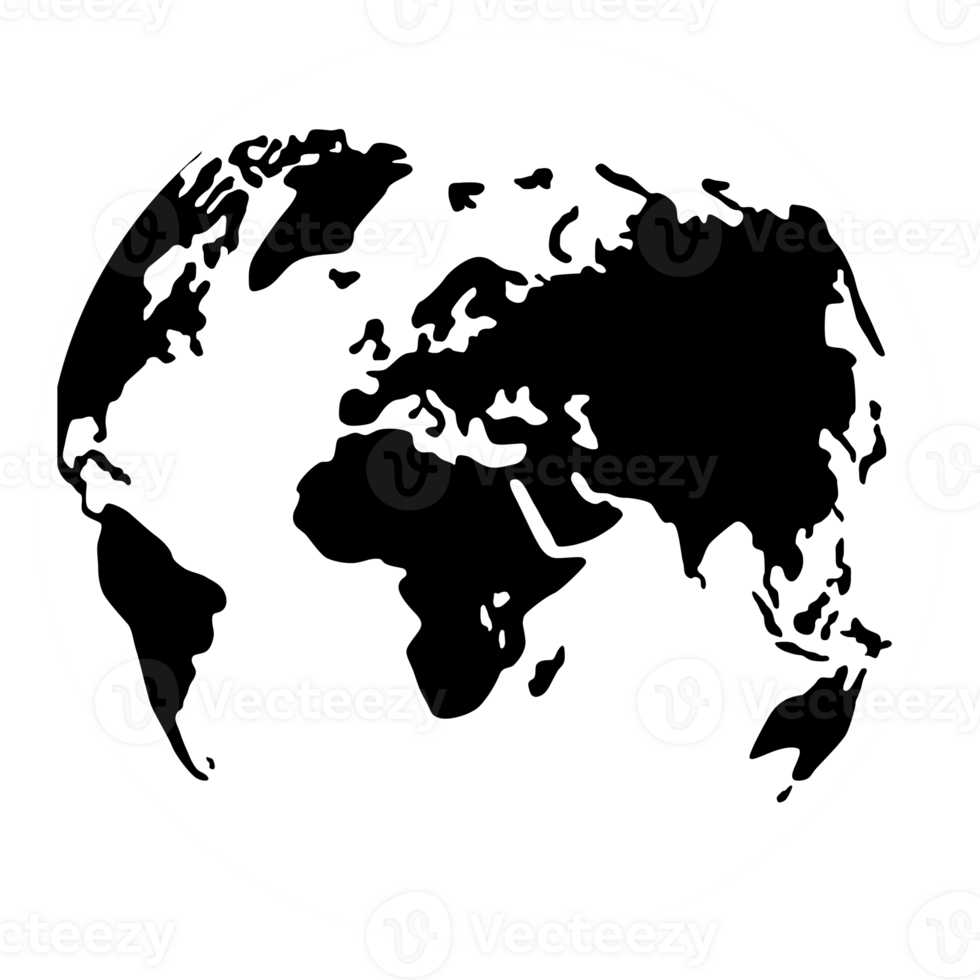 World Map on Globe Silhouette for Icon, Symbol, App, Website, Pictogram, Logo Type, Art Illustration or Graphic Design Element. Format PNG