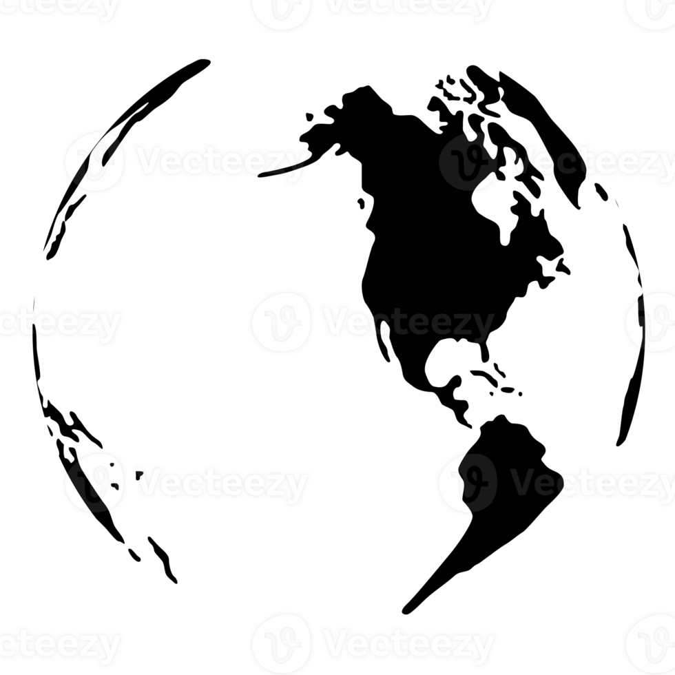 World Map on Globe Silhouette  for Icon, Symbol, App, Website, Pictogram, Logo Type, Art Illustration or Graphic Design Element. Format PNG