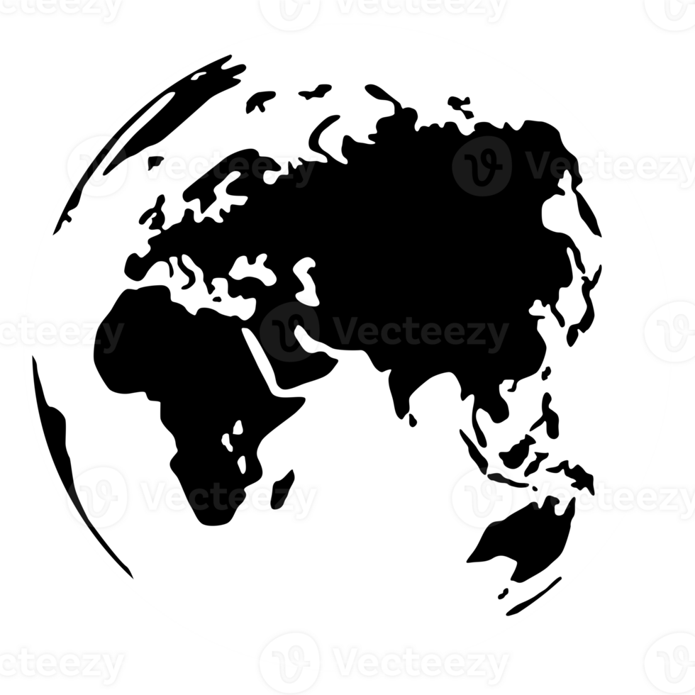 World Map on Globe Silhouette  for Icon, Symbol, App, Website, Pictogram, Logo Type, Art Illustration or Graphic Design Element. Format PNG