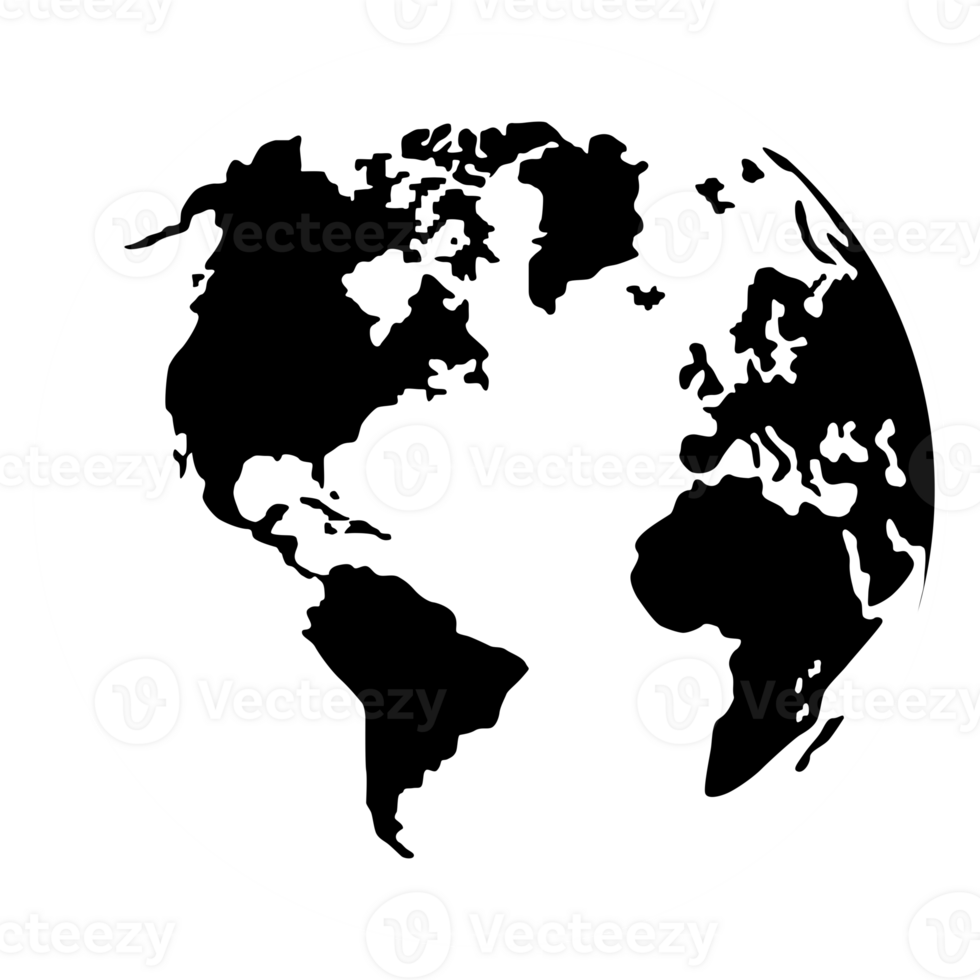 World Map on Globe Silhouette  for Icon, Symbol, App, Website, Pictogram, Logo Type, Art Illustration or Graphic Design Element. Format PNG