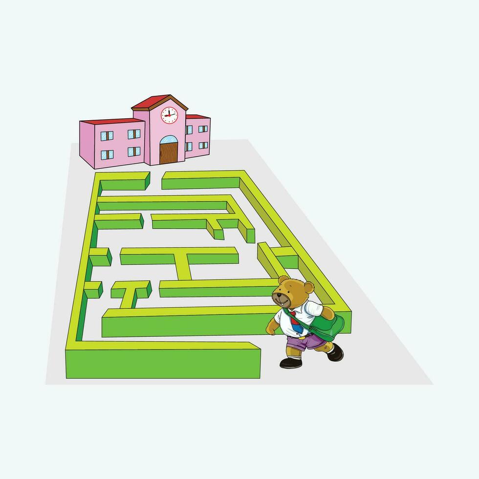 Help cute teddy find the right path to school. Maze game for kids. Vector illustration.