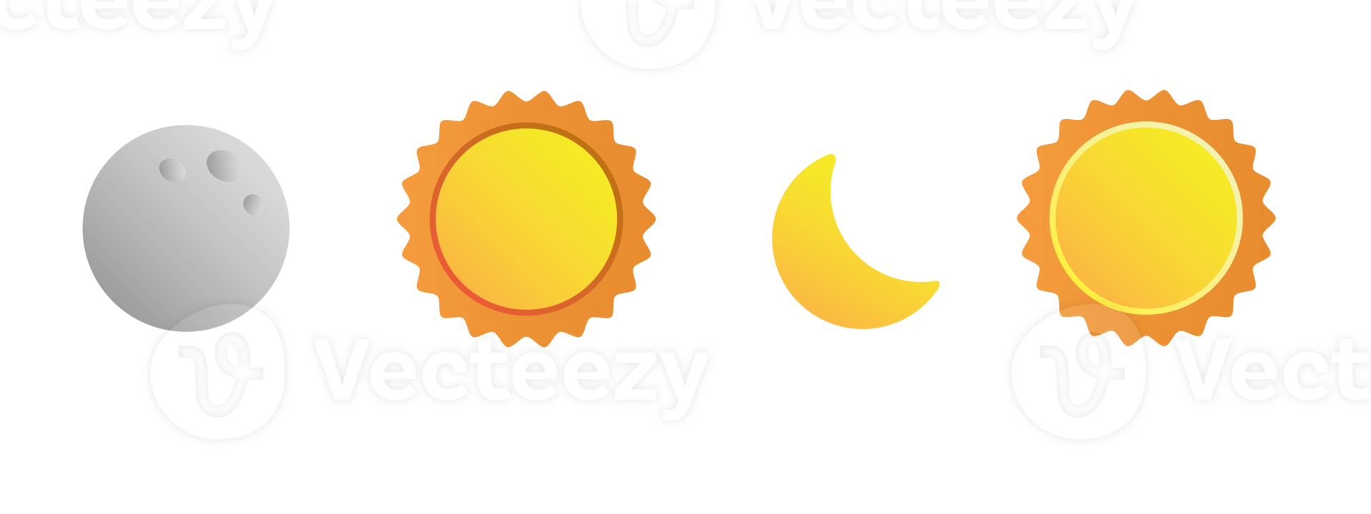 Various 3d sun and moon, crescent isolated icon. Realistic render of star and planet, full gray moon and yellow sunny. Celestial vector elements png