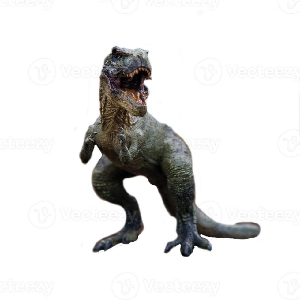 An extreme closeup view of an ominous T-Rex dinosaur figurine isolated against a clean white background. Monstrous animal with sharp teeth. png