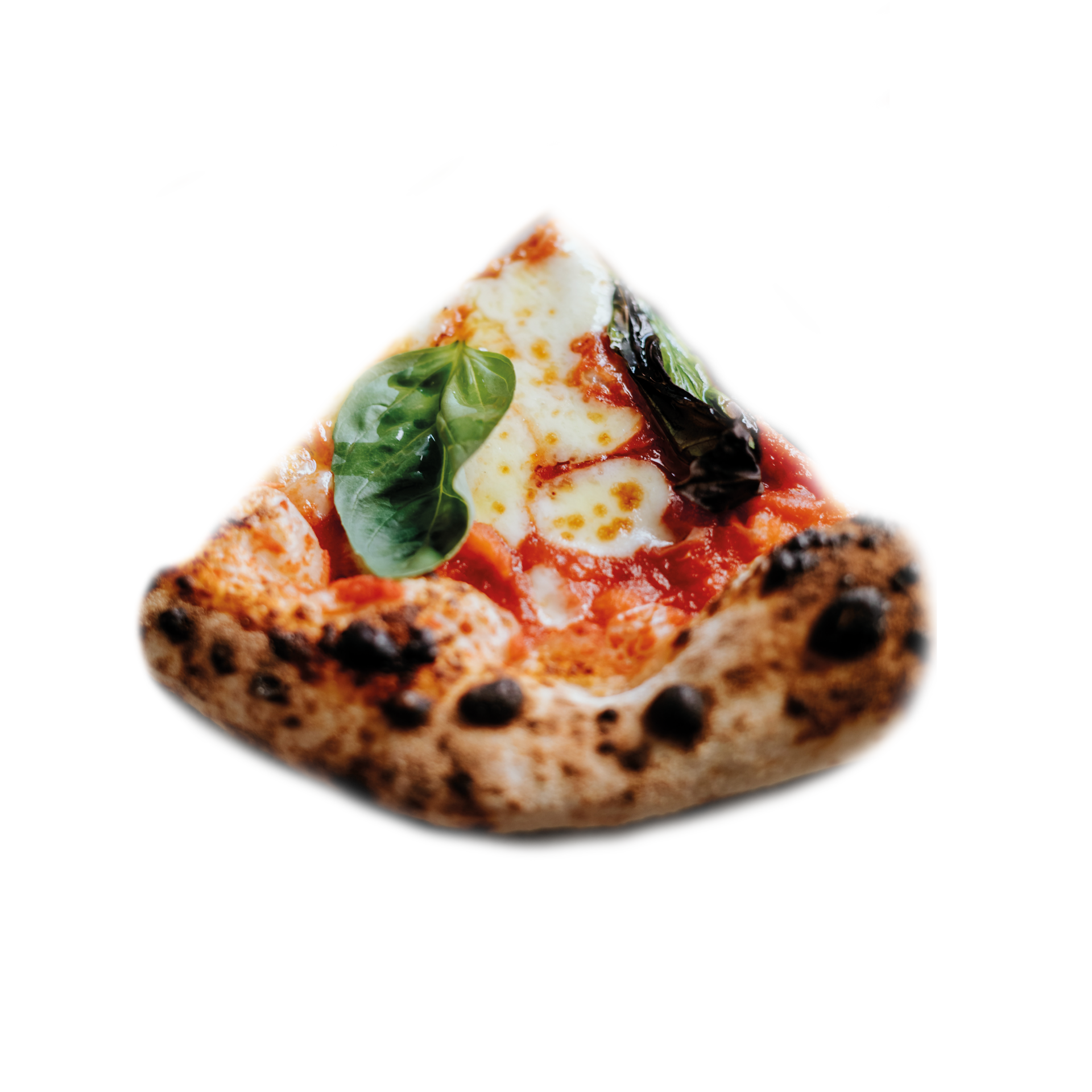 Slice of delicious Neapolitan Margherita pizza isolated, top view