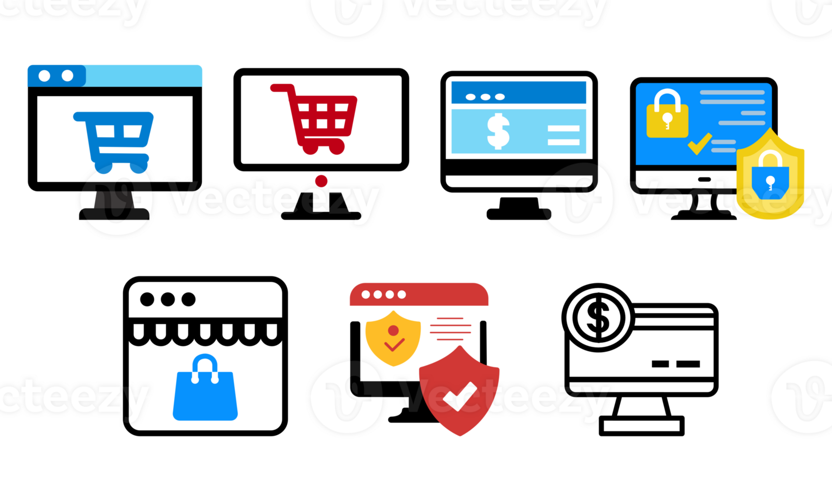 Online shopping and Payments, computer, shopping cart, padlock, website and mobile app icons png