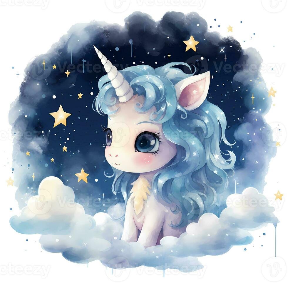 un linda unicornio mirando arriba a el estrellado cielo y un tranquilo Luna acuarela ilustración, ai generativo foto