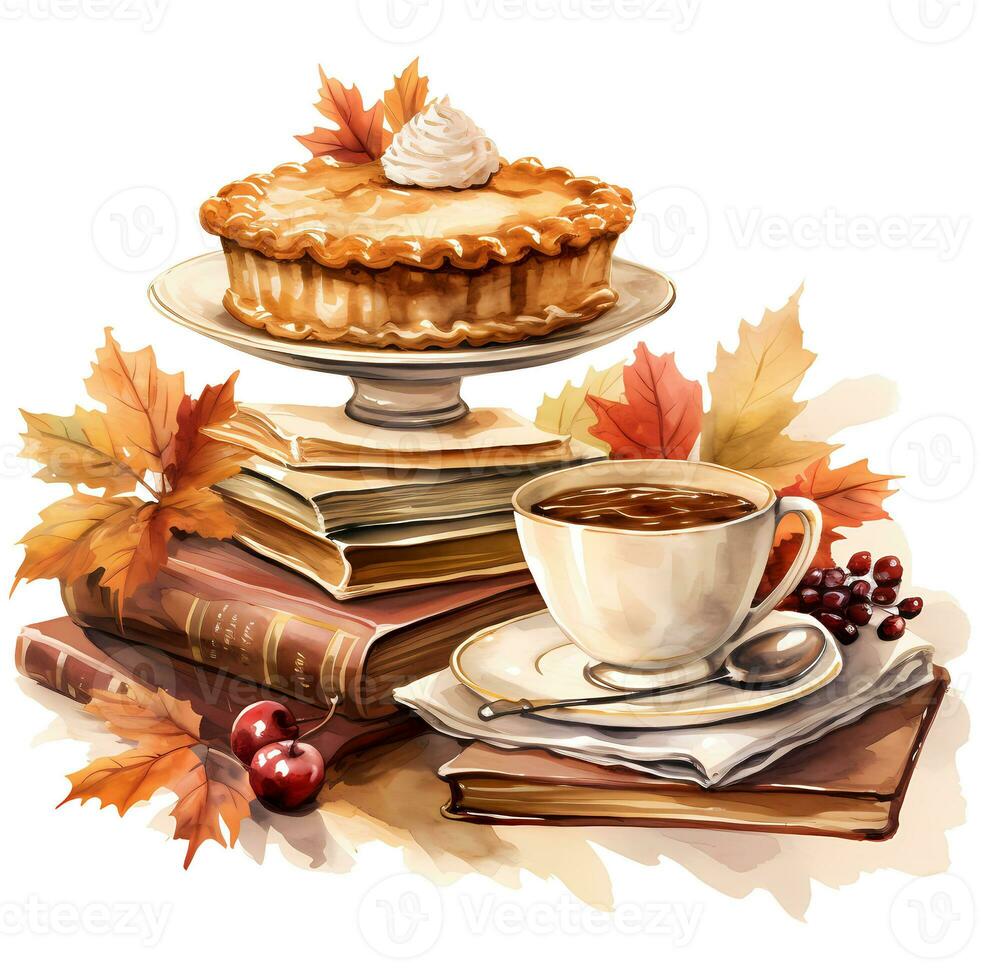 Autumnal hot chocolate with pie Watercolor illustration AI Generative photo