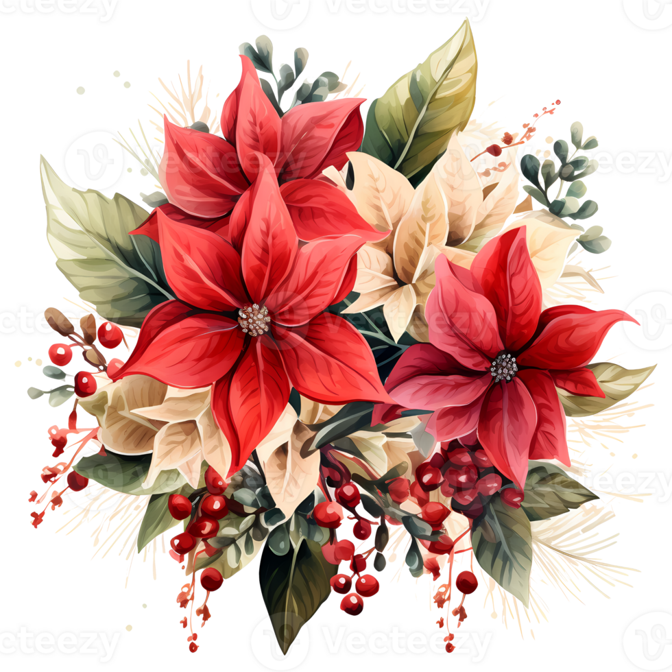 Christmas bouquet with poinsettia, holly and berries. Watercolor illustration AI Generative png