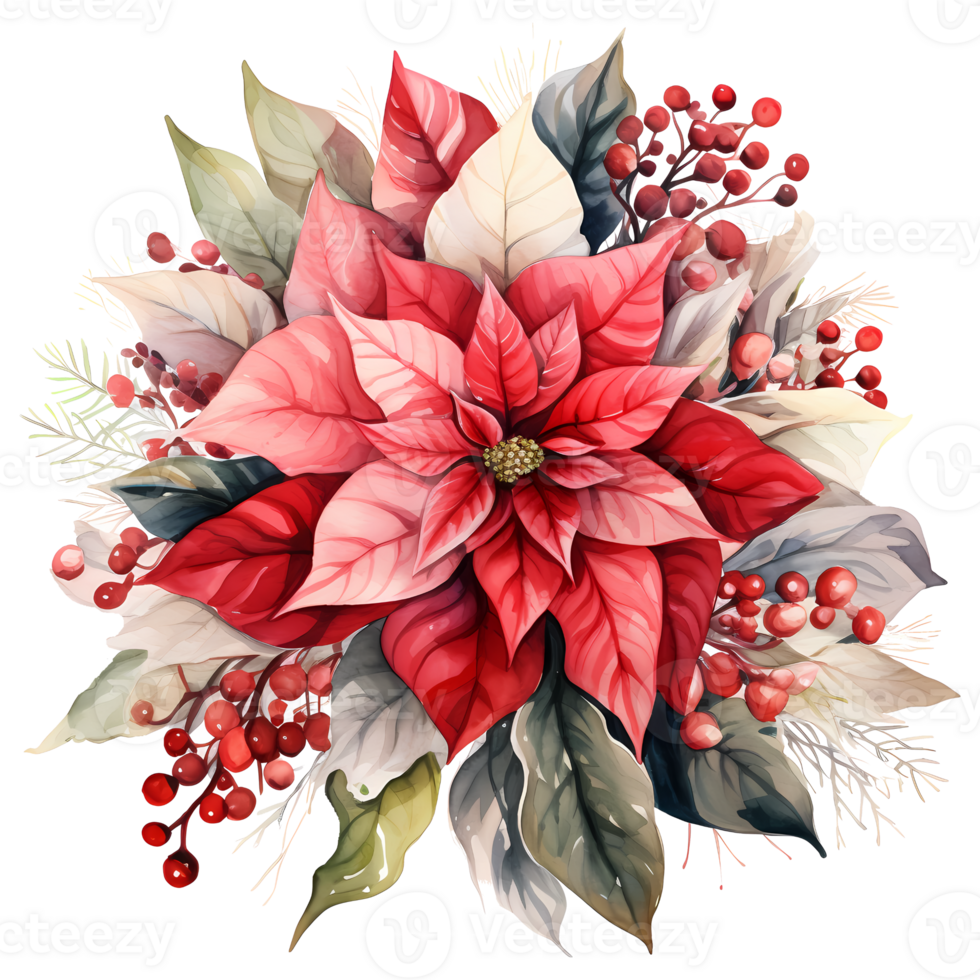 Christmas bouquet with poinsettia, holly and berries. Watercolor illustration AI Generative png