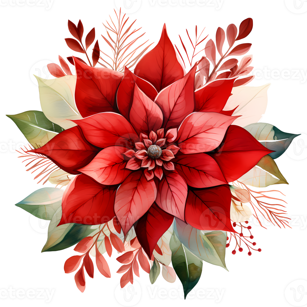 Christmas bouquet with poinsettia, holly and berries. Watercolor illustration AI Generative png