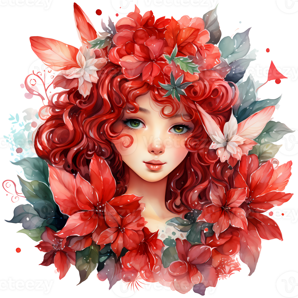 hermosa hada niña con rojo pelo y flores digital pintura ai generativo png