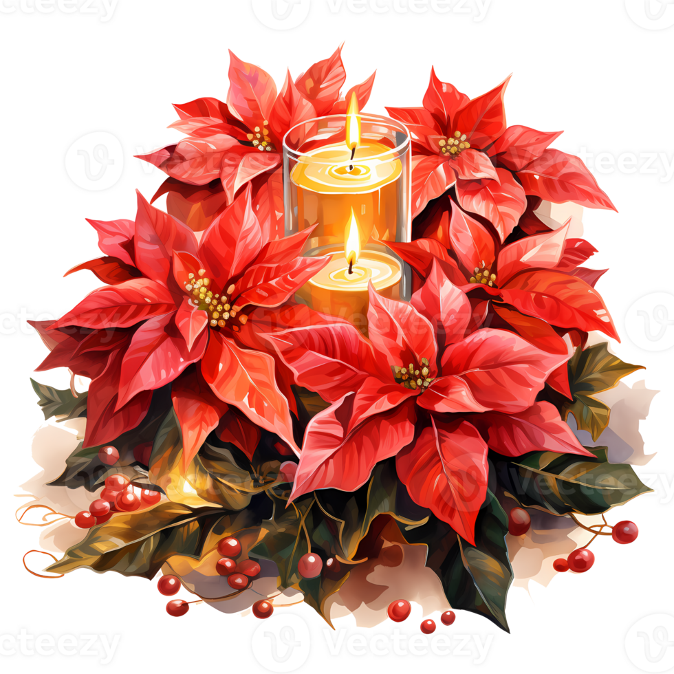 Navidad decoración con flor de pascua y ardiente velas acuarela ilustración ai generativo png