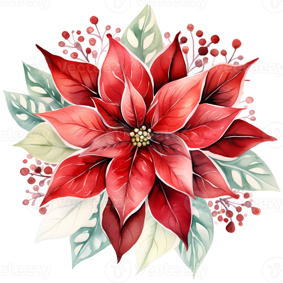 Christmas bouquet with poinsettia, holly and berries. Watercolor illustration AI Generative png