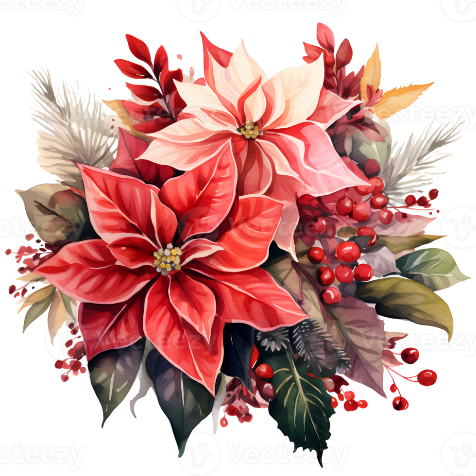 Christmas bouquet with poinsettia, holly and berries. Watercolor illustration AI Generative png