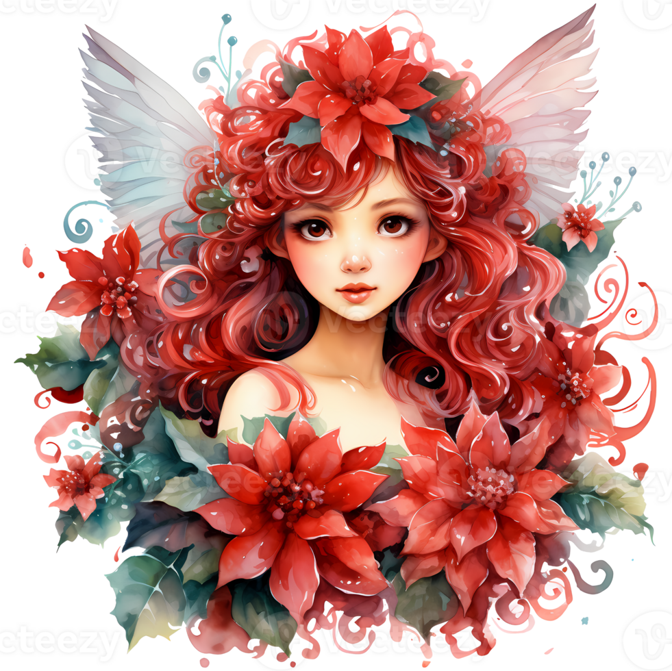 Beautiful fairy girl with red hair and flowers. Digital painting AI Generative png