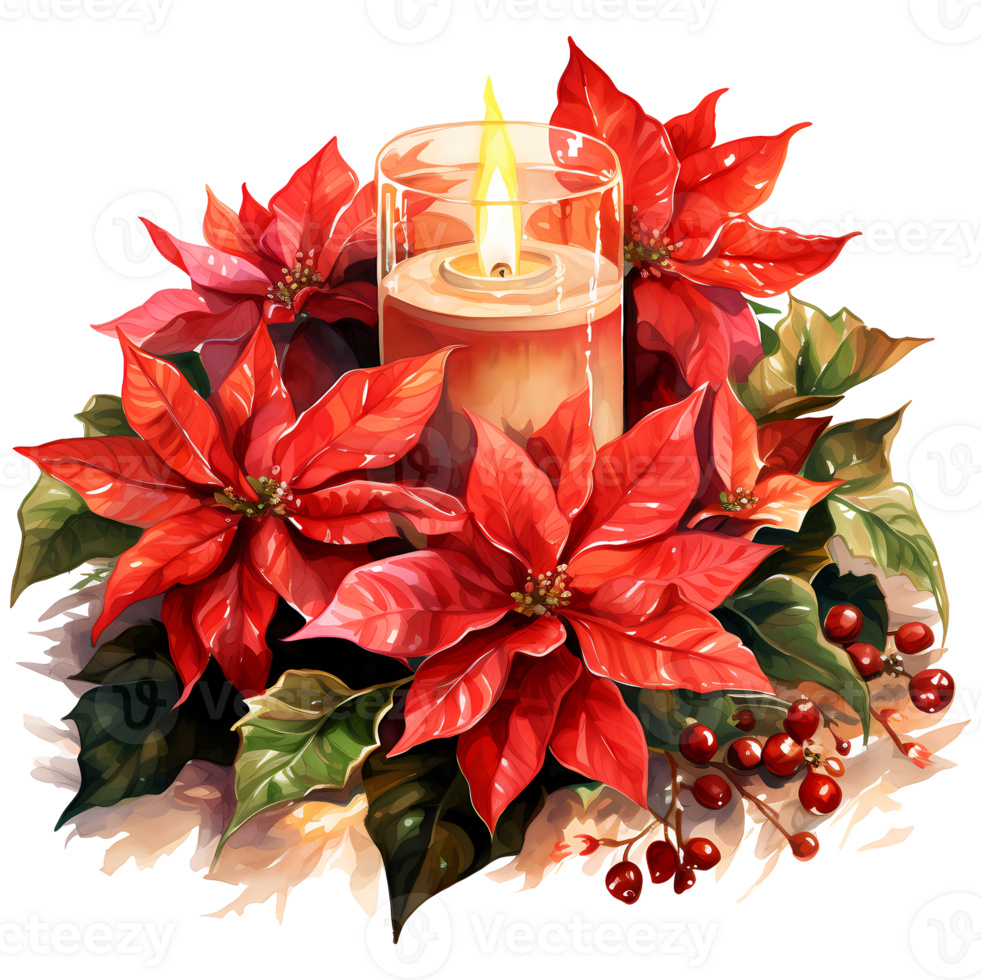 Christmas decoration with poinsettias and burning candles Watercolor illustration AI Generative png