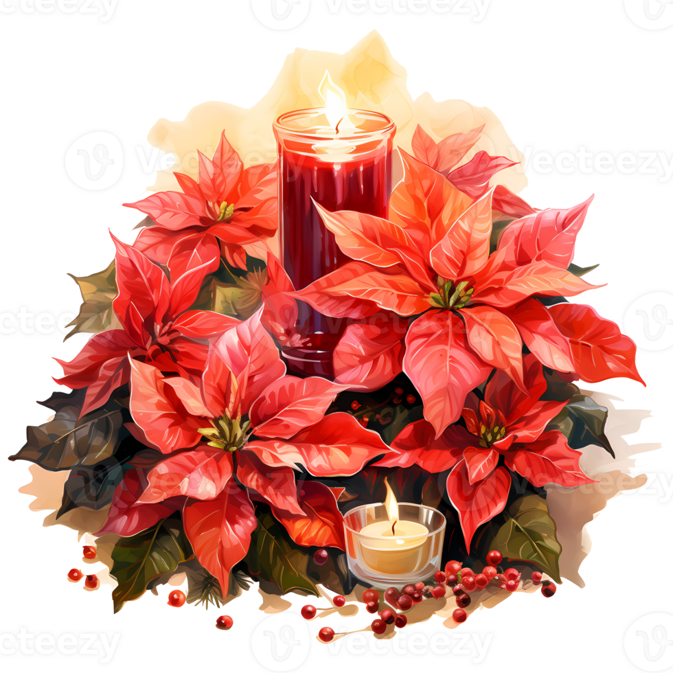 Christmas decoration with poinsettias and burning candles Watercolor illustration AI Generative png