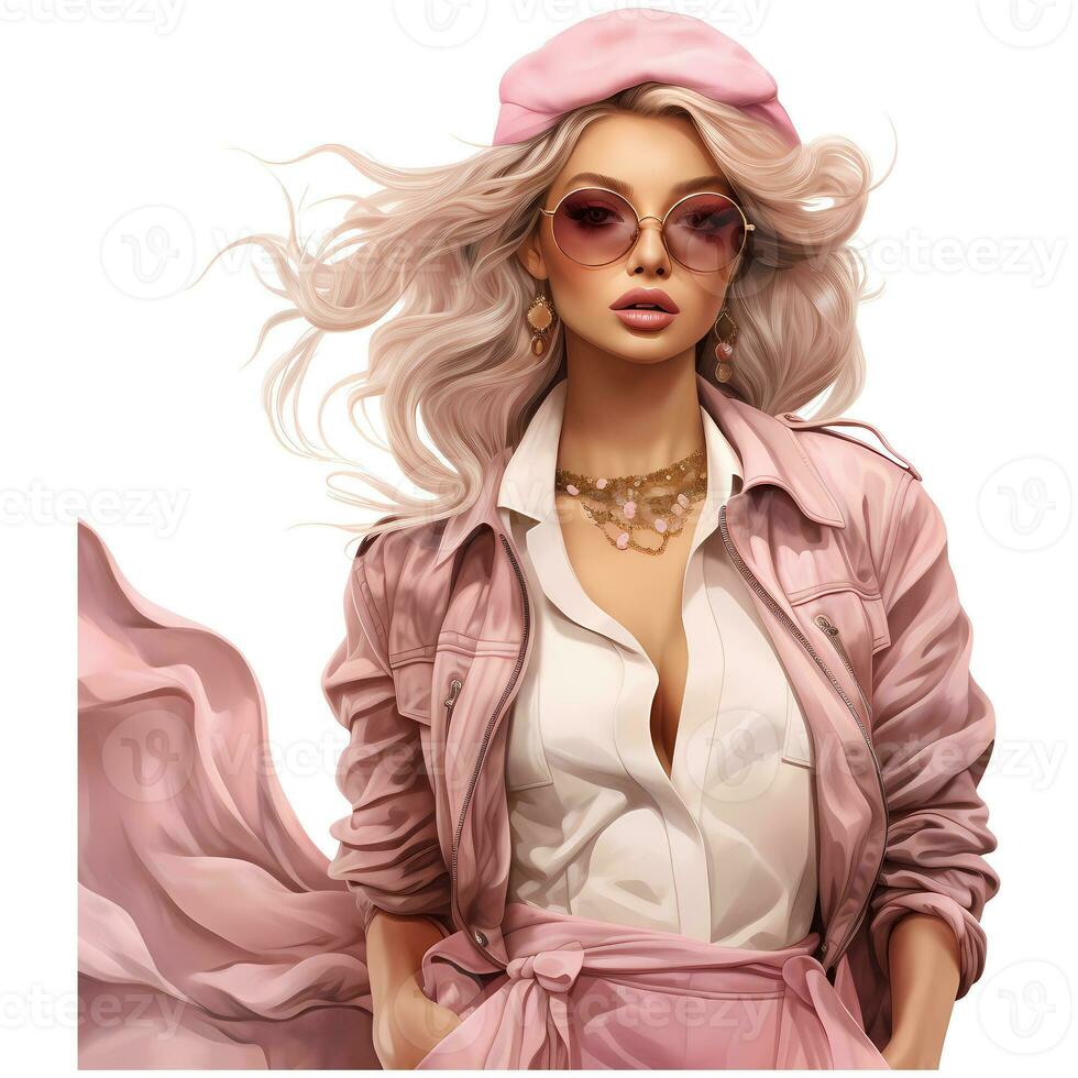 Barbie moda, hermosa rubia mujer en un retrato vistiendo un rosado de moda atuendo ai generativo foto