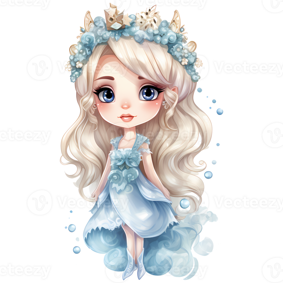 mignonne peu hiver Princesse dans une bleu robe et couronne, aquarelle illustration ai génératif png