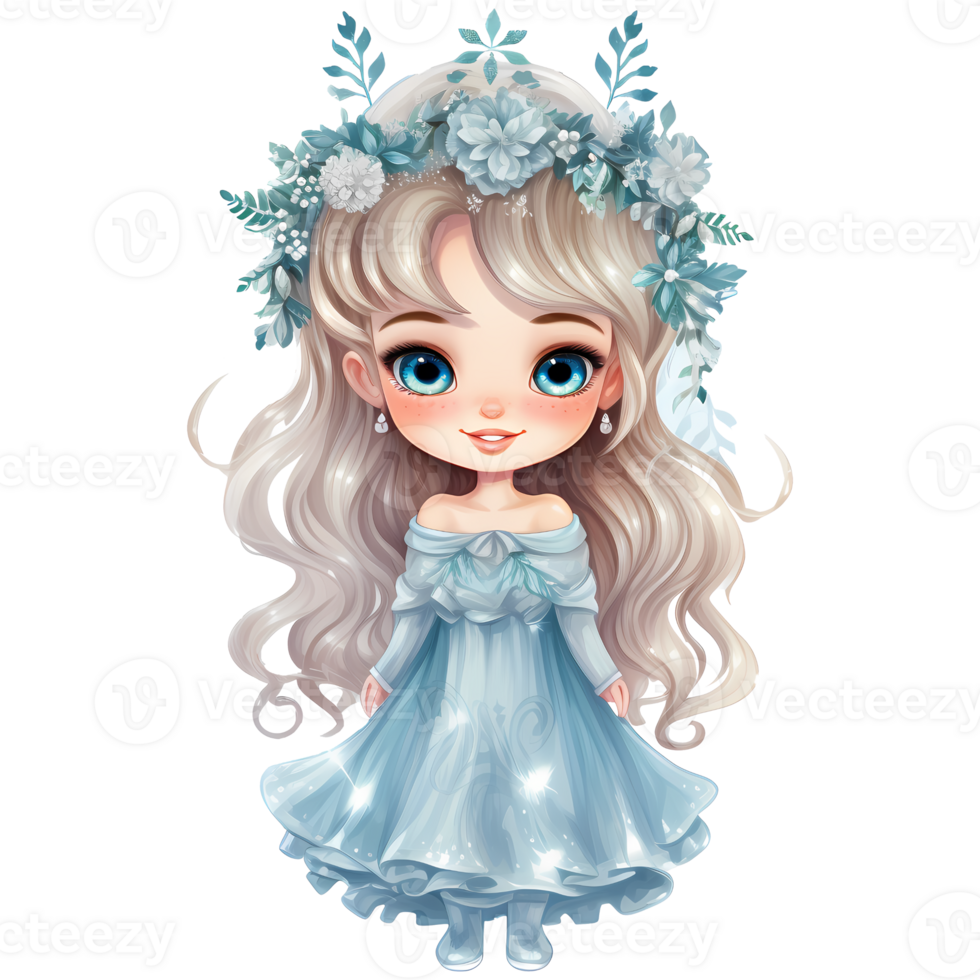 Cute little winter princess in a blue dress and crown, Watercolor illustration AI Generative png