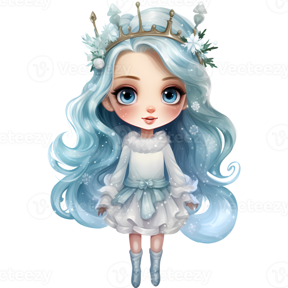 süß wenig Winter Prinzessin im ein Blau Kleid und Krone, Aquarell Illustration ai generativ png
