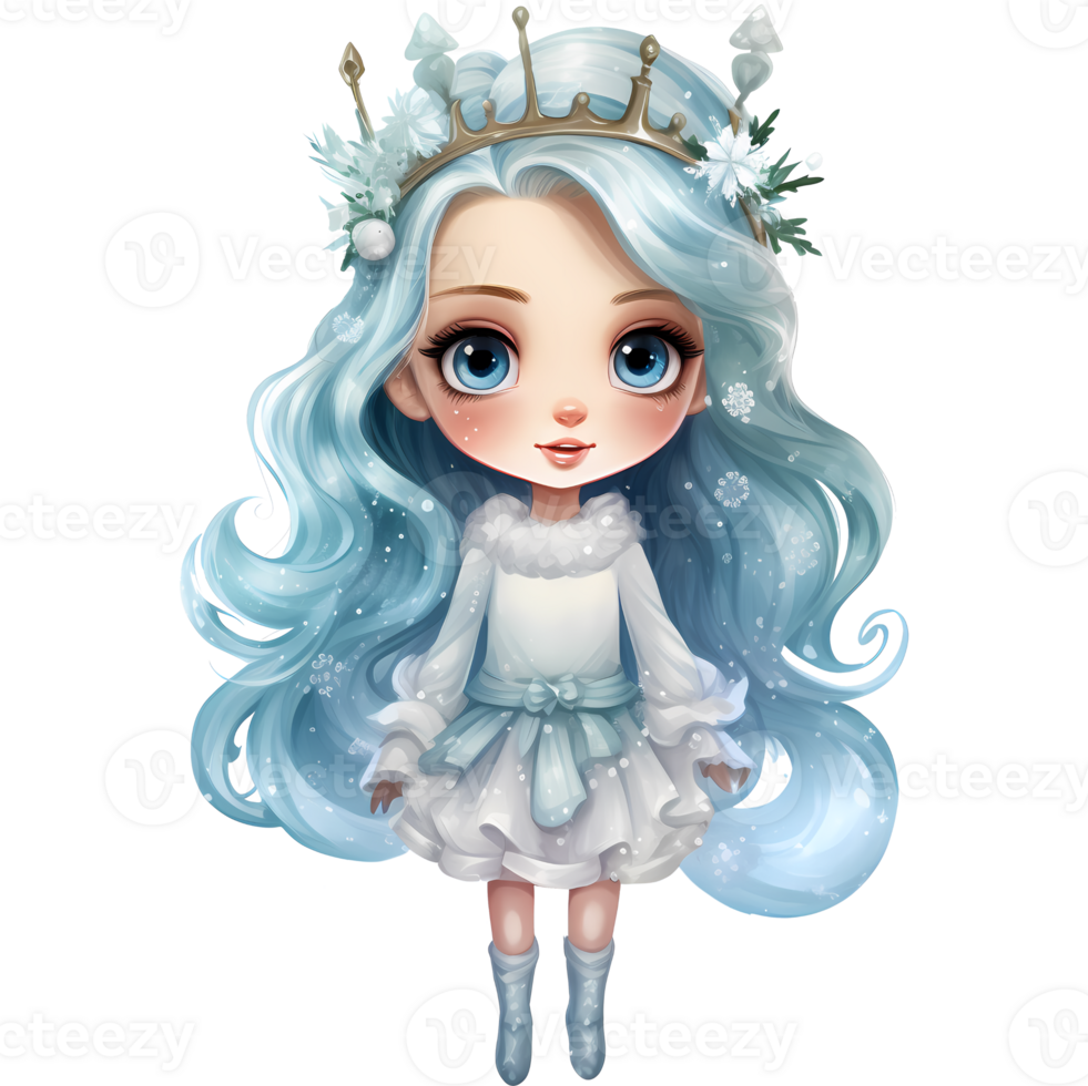 Cute little winter princess in a blue dress and crown, Watercolor illustration AI Generative png
