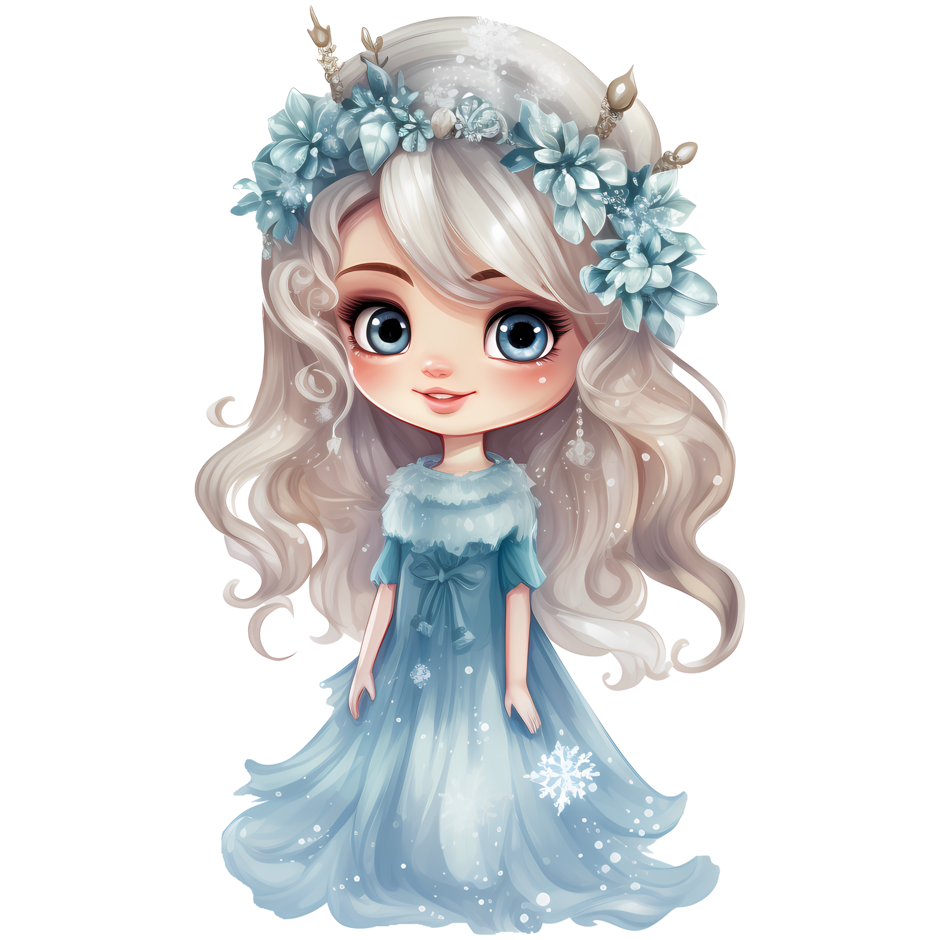 Cute little winter princess in a blue dress and crown, Watercolor
