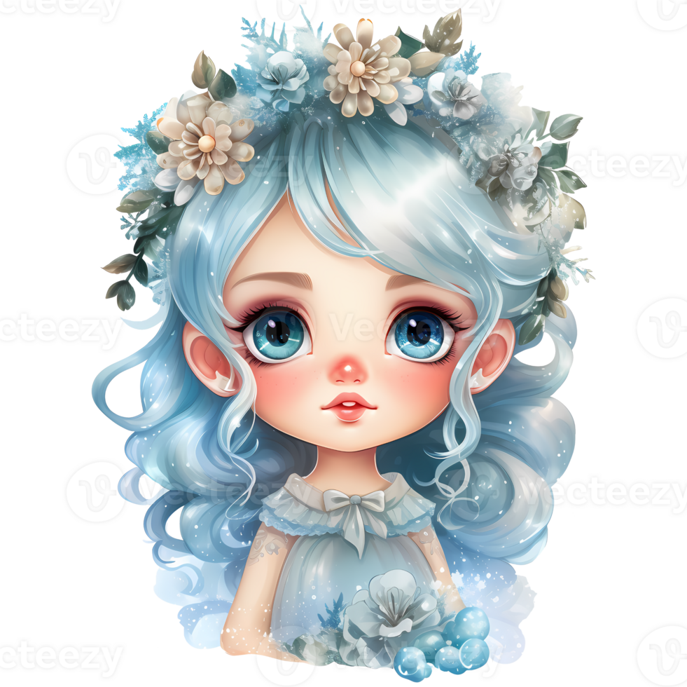 Cute little winter princess in a blue dress and crown, Watercolor illustration AI Generative png