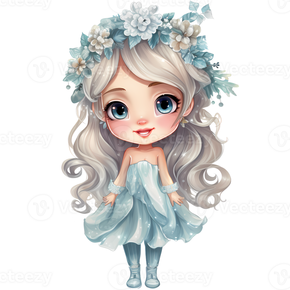 Cute little winter princess in a blue dress and crown, Watercolor illustration AI Generative png