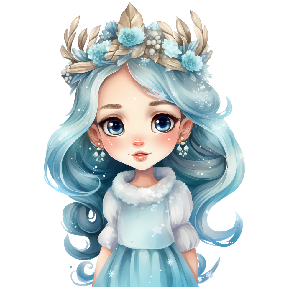 linda pequeño invierno princesa en un azul vestir y corona, acuarela ilustración ai generativo png