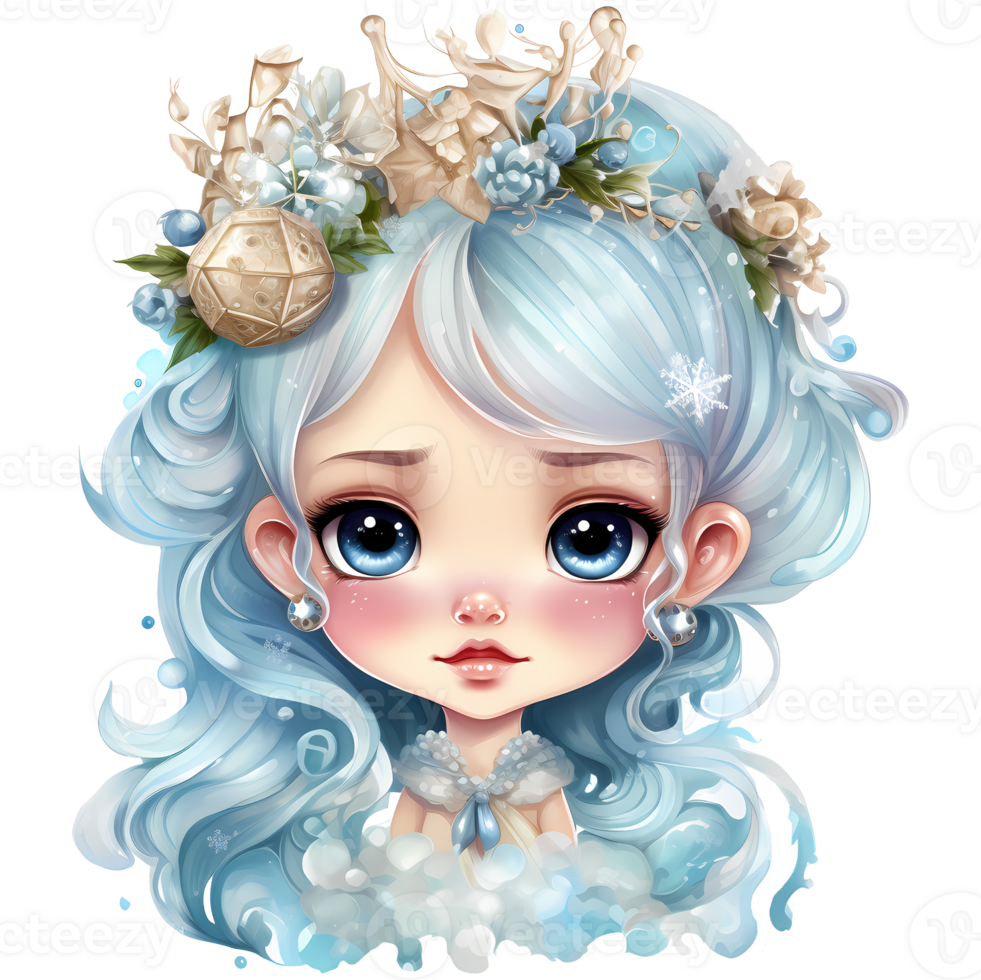 Cute little winter princess in a blue dress and crown, Watercolor illustration AI Generative png