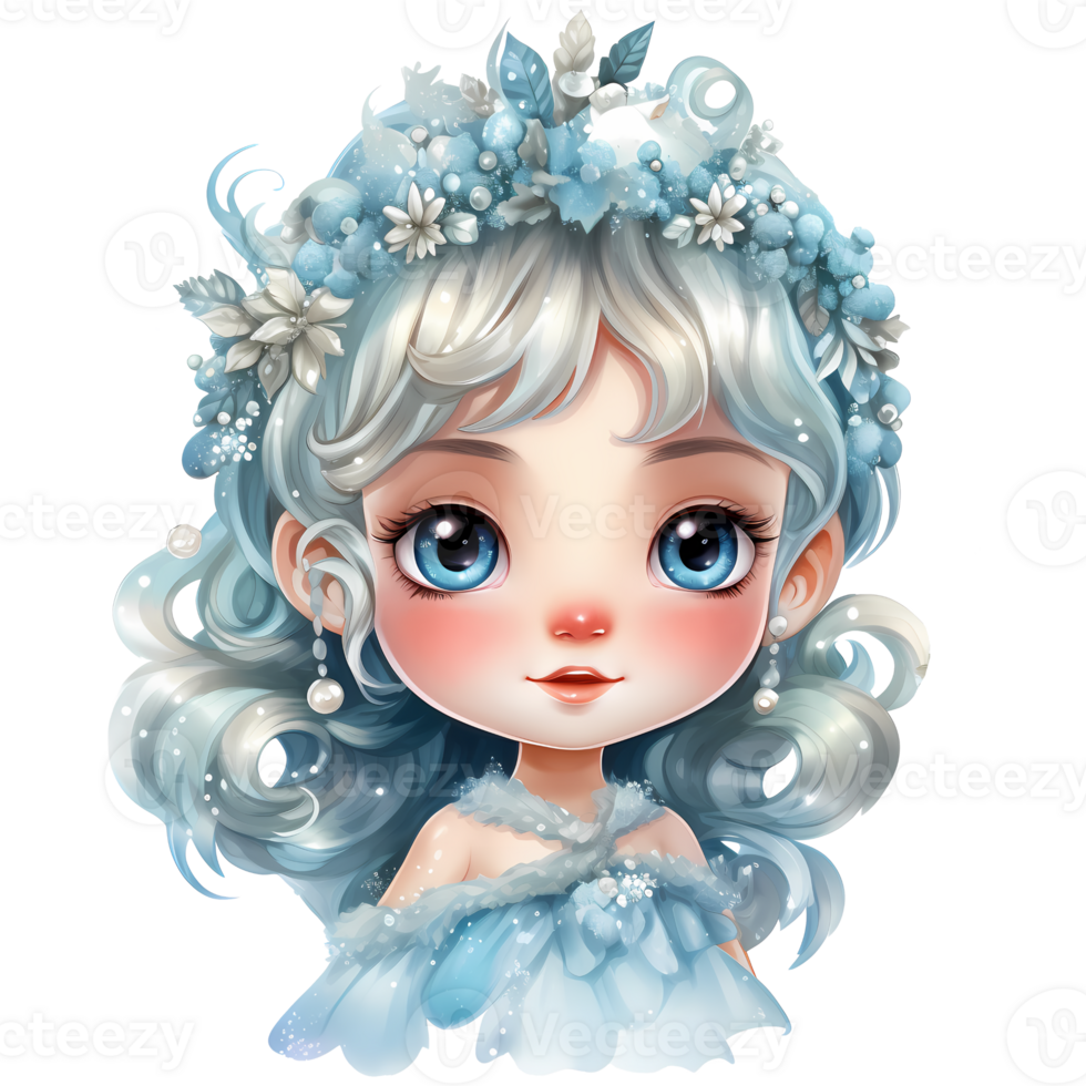 Cute little winter princess in a blue dress and crown, Watercolor illustration AI Generative png